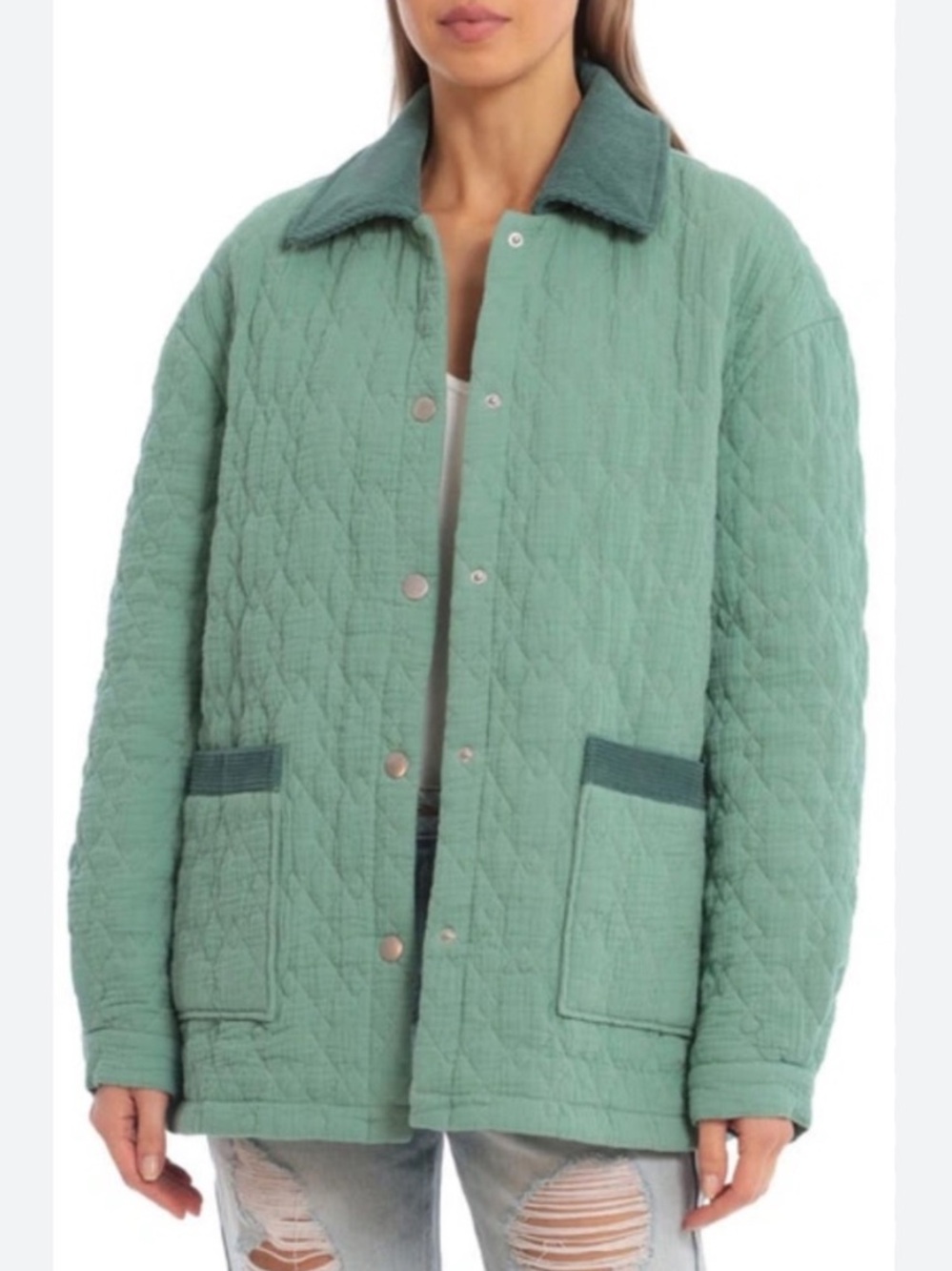 Avec Les Filles Sage Green Quilted Utility Jacket with Corduroy Trim